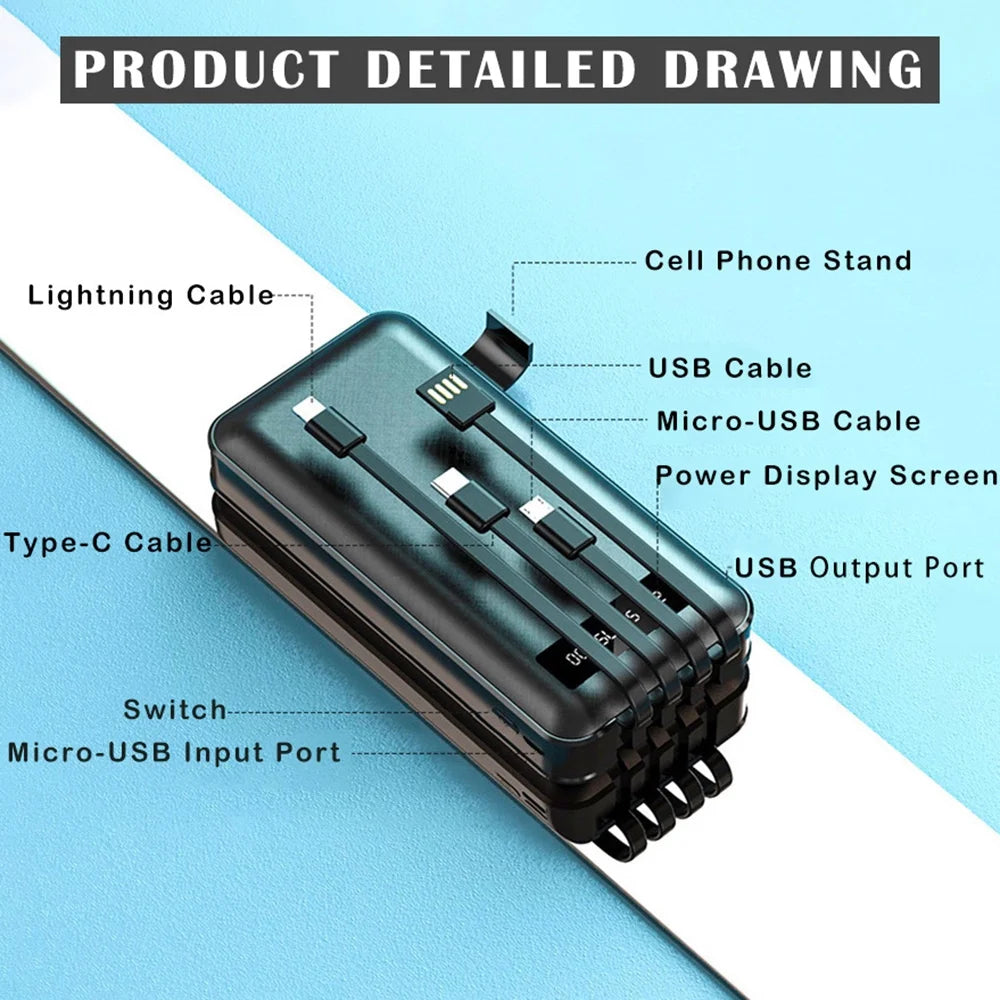 20,000 Mah Power Bank Portable Charger with Cables, USB Fast Charging for Phone